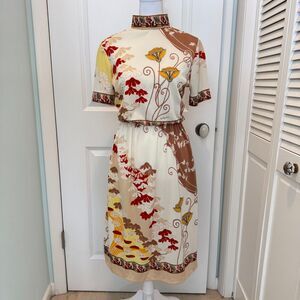 Vintage 1970's Paganne by Gene Berk short sleeve oriental floral mod dress